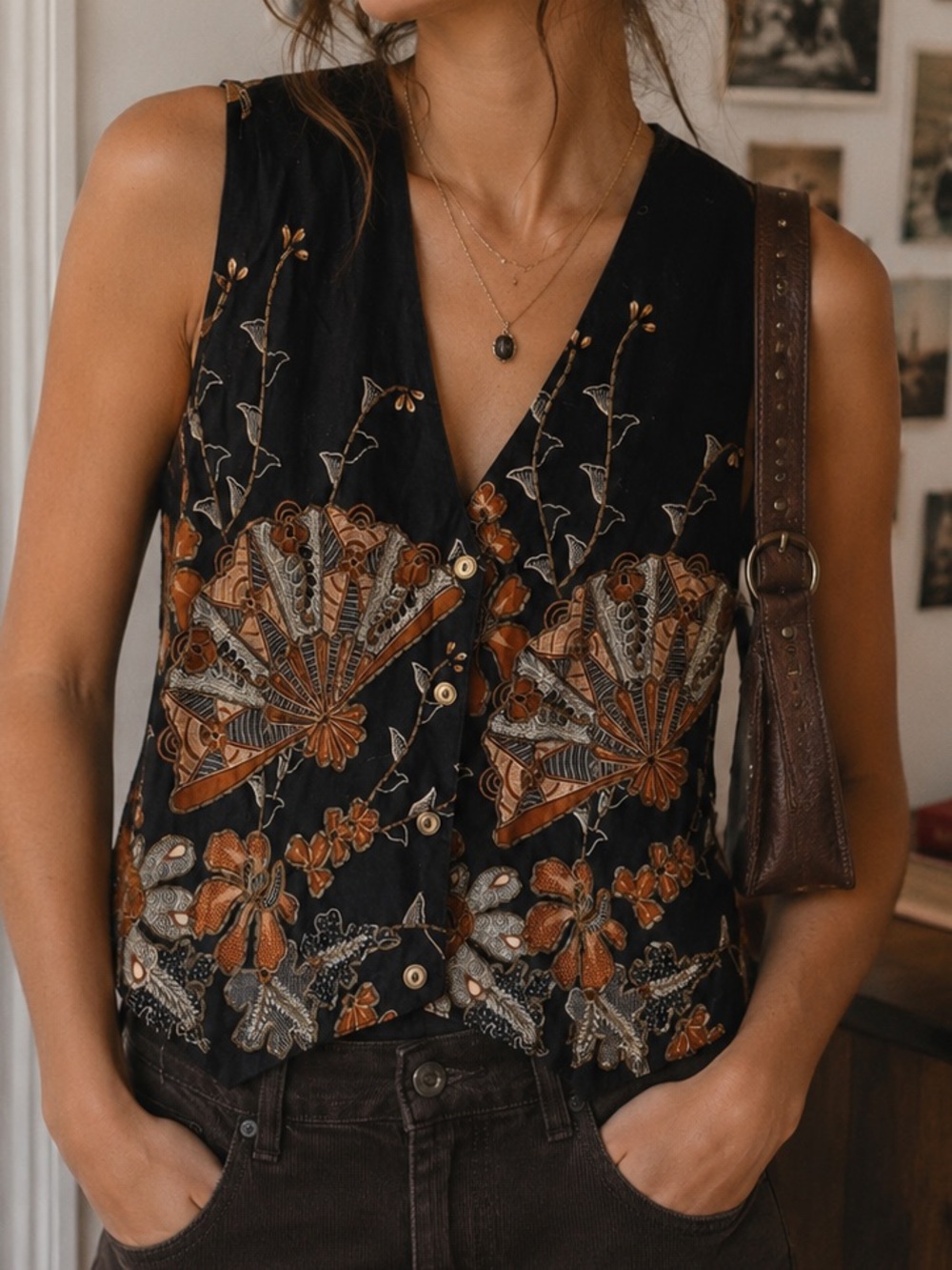 VTG Effeci Beaded Embroidered V-Neck Floral Vest Top Cotton Hippie Boho Festival